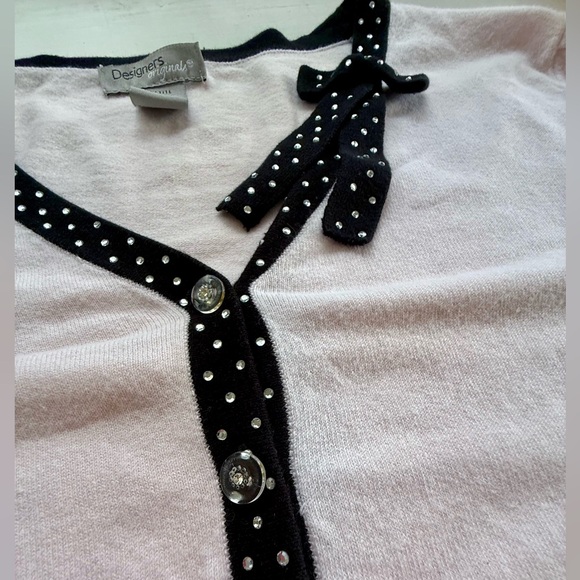 Designers Originals blush pink black button-down cardigan sweater polka dots bow - Picture 6 of 11